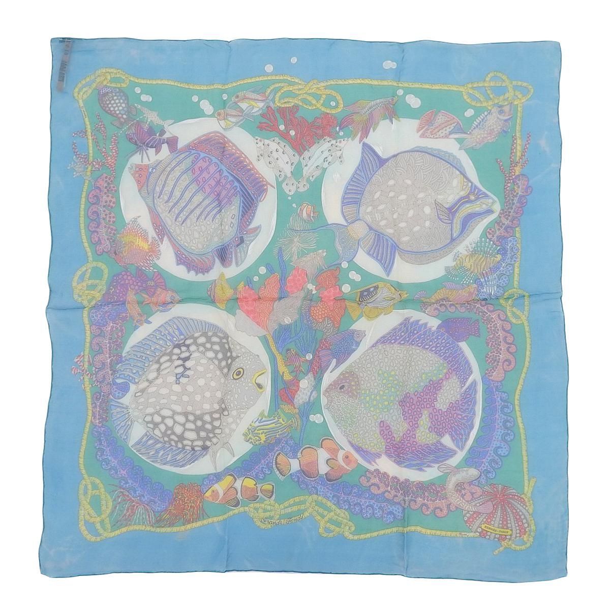 4346) エルメス HERMES カレ90 Grands Fonds 深海 魚柄 シフォン