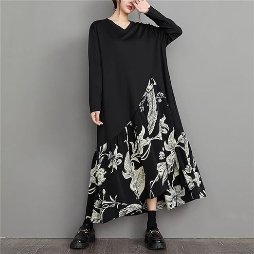 花柄 マキシ ワンピース 長袖 ドレス 切替 Vネック きれいめ ♪ モード系 花柄 ワンピース レディース 長袖 Vネック カジュアル