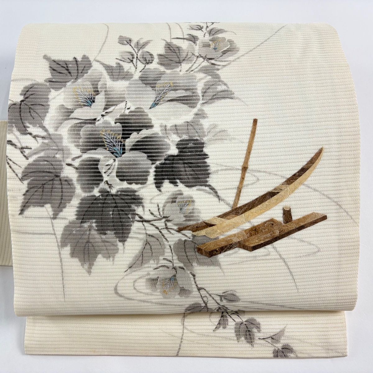 名古屋帯 秀品 夏帯 絽 草花 ふね 金銀彩 クリーム 正絹