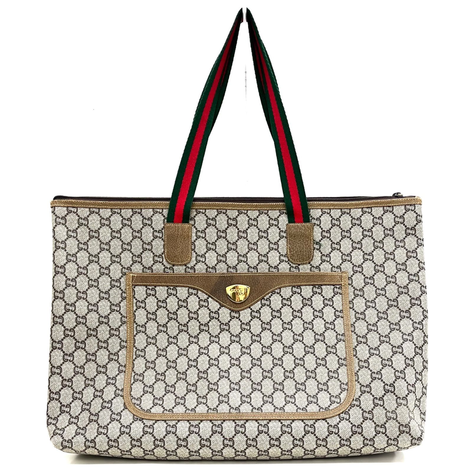 美品☆GUCCI グッチ シェリーライン PVCトートバッグ GGベージュ大容量-