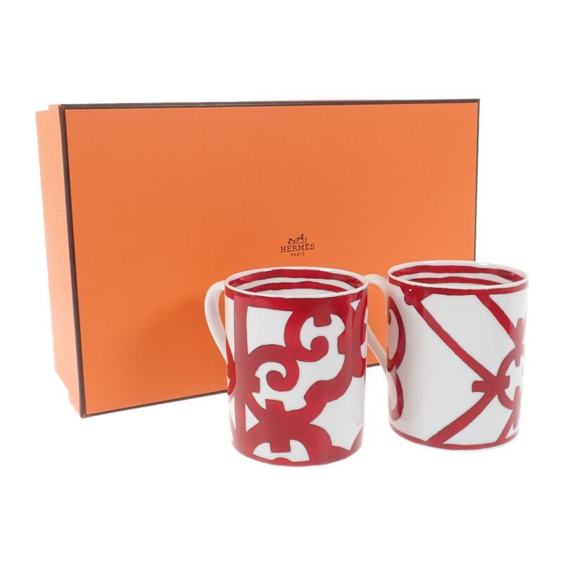 HERMES HERMES ガダルキヴィール ペア マグカップ 食器 陶磁器 レッド ホワイト 小物