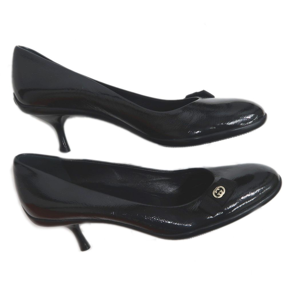 名東】グッチ エナメル ヒールパンプス 35 1/2 ブラック 黒 レディース