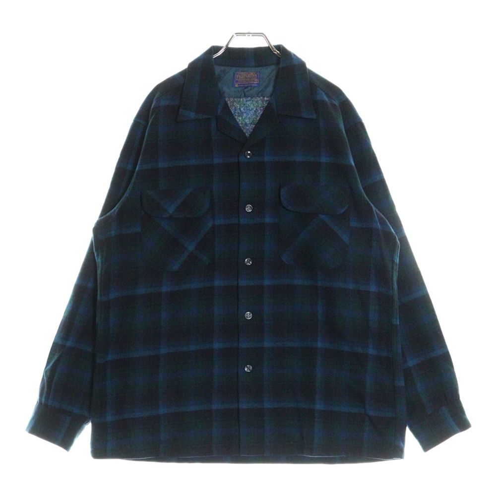 60s PENDLETON オープンカラーボードシャツ　チェック　ブルー　M 60s PENDLETONペンドルトン オンブレチェック ウール オープン