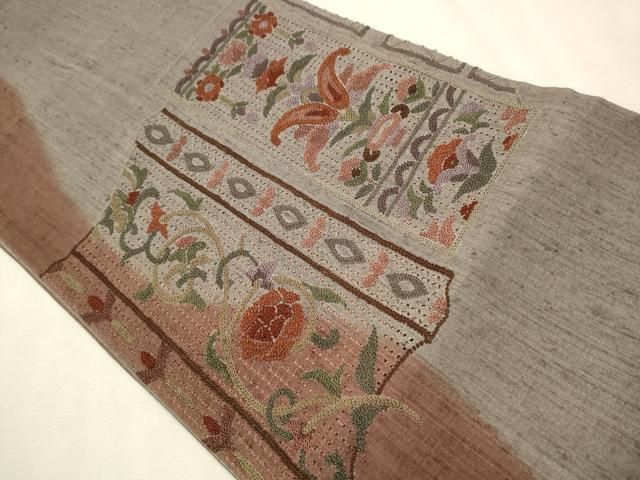 平和屋着物●中国三大刺繍　スワトウ相良刺繍　総刺繍　太鼓柄袋帯　紬地　花唐草文　正絹　逸品　CAAT0962hy 平和屋着物○中国三大刺繍 スワトウ相良刺繍 総刺繍 太鼓柄袋帯 紬地