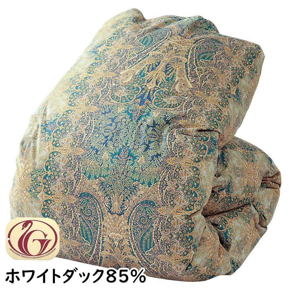 羽毛布団 シングル ロング ホワイトダック 85% 60サテン 綿 2層キルト ツインキルト グリーン