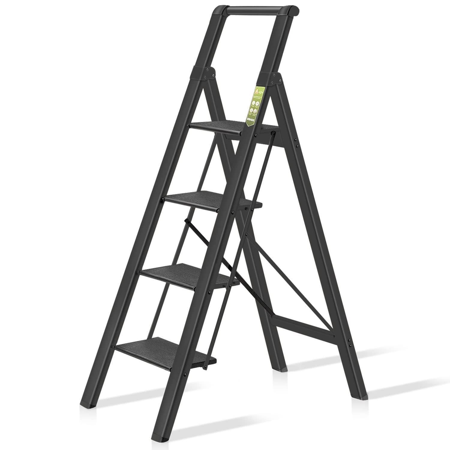 RIKADE 折りたたみ脚立 手すり 取っ手付き アルミ 踏み台 梯子 はしご ハシゴ ステップ台 ステップスツール 軽量 室内 屋外 4段 洗車 掃除 コンパクト 持ち運び 省スペース すき間収納 滑り止め付 黒 おしゃれ