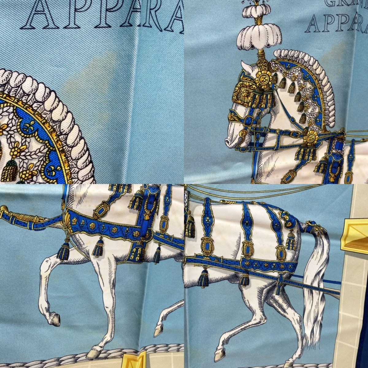 エルメス カレ 90 ブルー系 馬車 GRAND APPARAT 質屋 エルメス HERMES カレ90 GRAND APPARAT 盛装の馬 青 紺 赤 ブルー