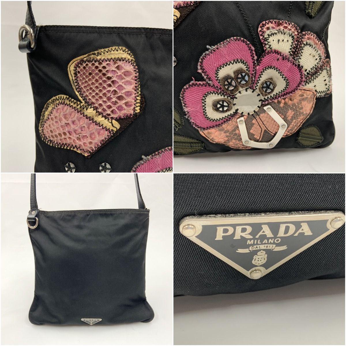 〇〇PRADA プラダ フラワー 刺繍 ナイロン 斜め掛け ショルダーバッグ ブラック