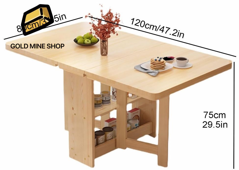 無垢材の折りたたみ式キッチンテーブル 二層収納ラック付きドロップ