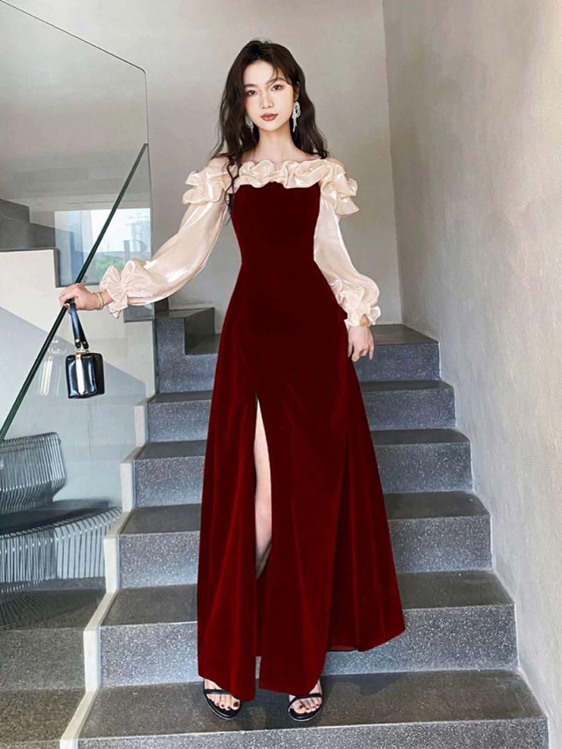 高級ベロアスリットロングドレス★結婚式やパーティーに最適 高級ベロアスリットロングドレス結婚式やパーティーに最適