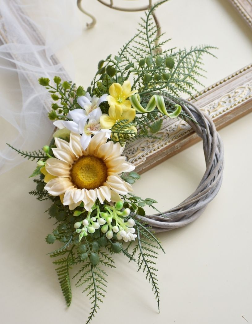 再販☆お色違い☆流れるグリーン☆トロピカルなひまわりのリース☆造花  