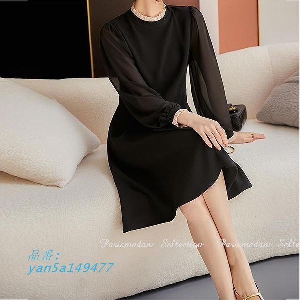 エレガンス上品大人ワンピース ひざ下丈 フリル Aライン ブラックワンピース セレモニー 七分袖 改まった席に 20代30代40代50代60代ほっそり効果大 yan5a149477