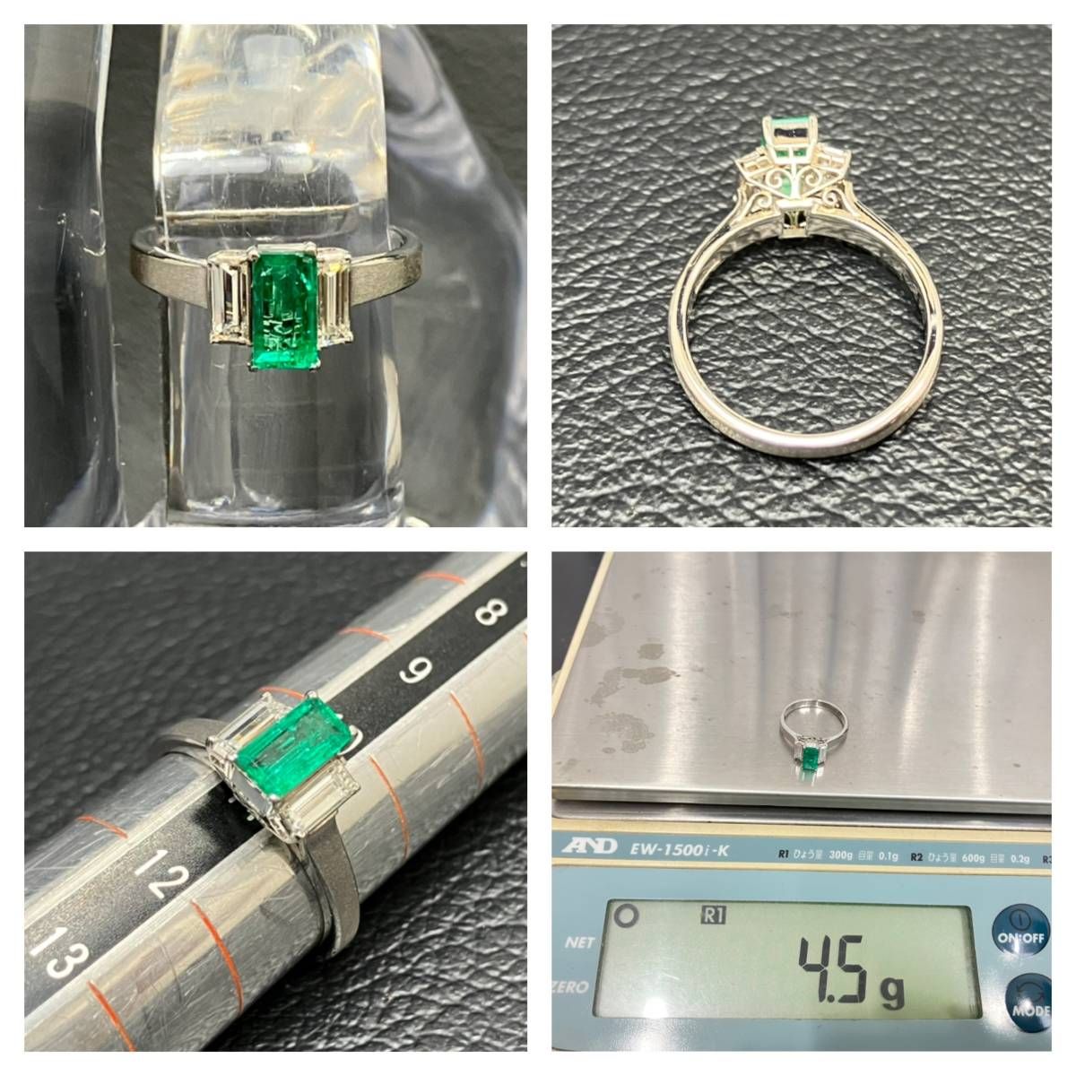 鑑別カード付 新品仕上済み 天然 エメラルド 0.44ct ダイヤ 0.39ct デザイン リング Pt900 11号 4.5g プラチナ 指輪