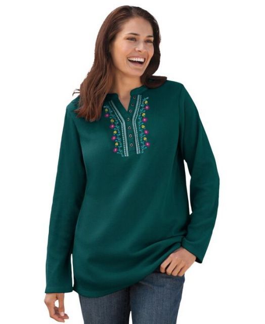 送料無料 ウーマン ウィズイン レディース シャツ トップス Plus Size Within Embroidered Thermal Henley Tee Emerald green vine embroidery