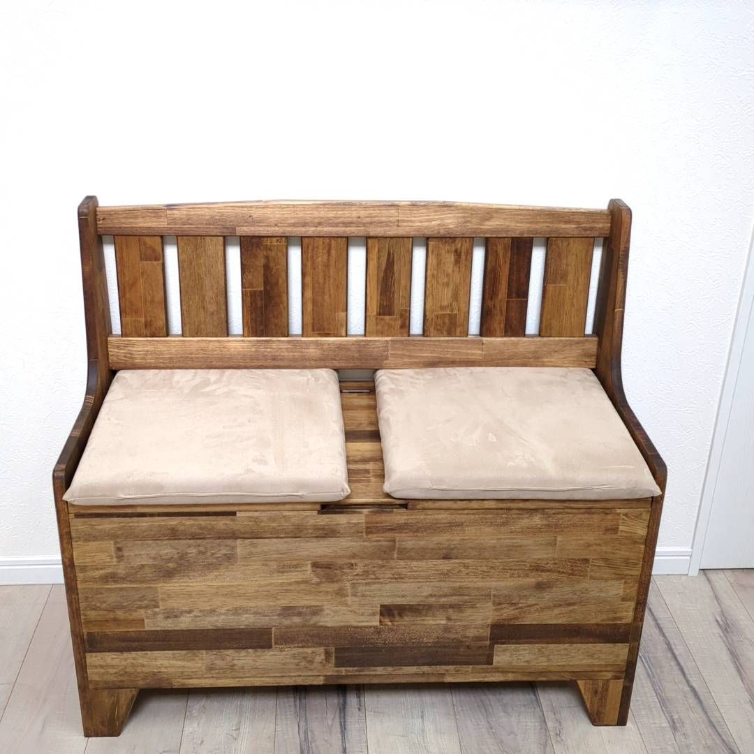 背もたれ付き カントリー風収納付きベンチ