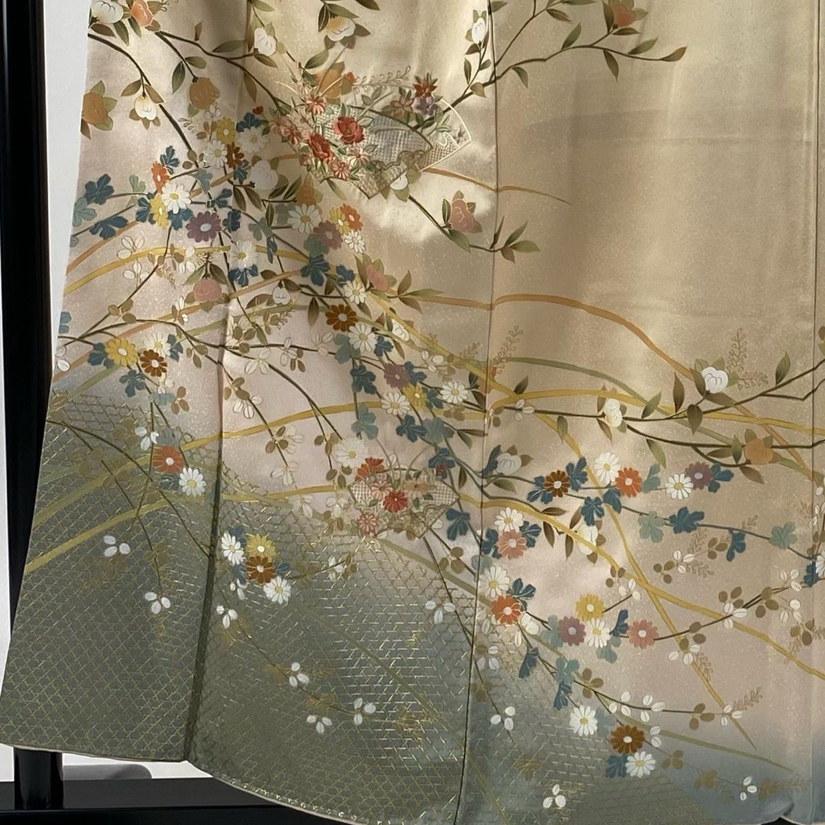 訪問着 身丈157cm 裄丈66cm M 袷 扇面 草花 刺繍 金糸 薄