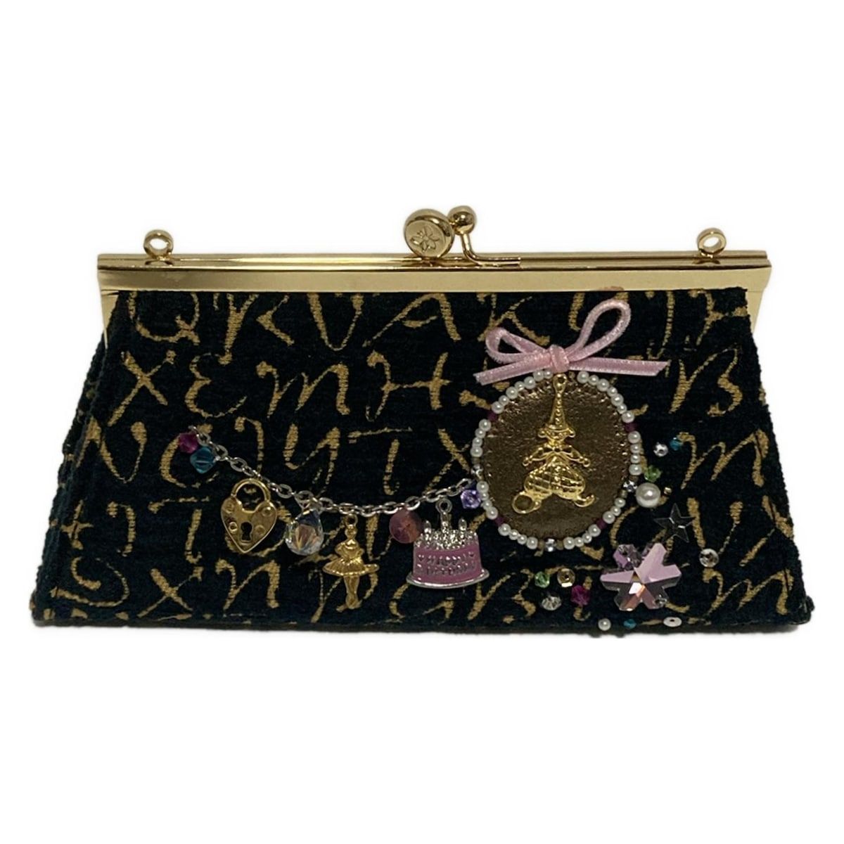 ThinkBee シンクビー クラッチバッグ - 黒×ゴールド×マルチ ビジュー パール バースデーケーキ ミニバッグ