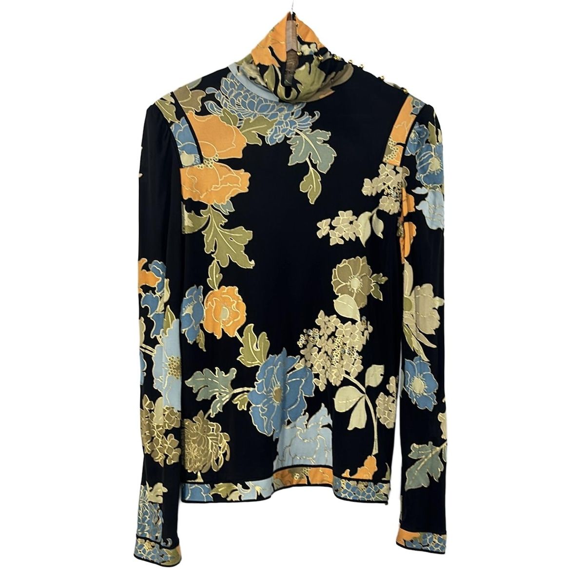 LEONARD レオナール 長袖カットソー サイズ36 S レディース - 黒×オレンジ×マルチ ハイネック|シルク|花柄