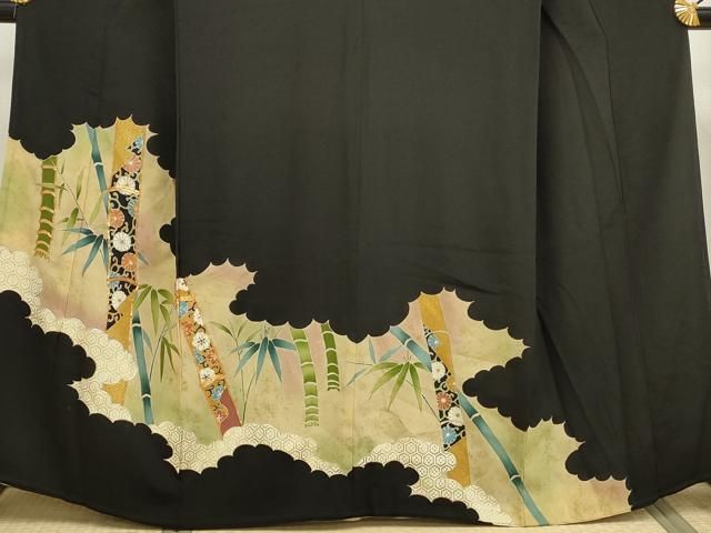 平和屋着物□豪華黒留袖 駒刺繍 笹竹花文 金彩 正絹 逸品 DAAW8944qa