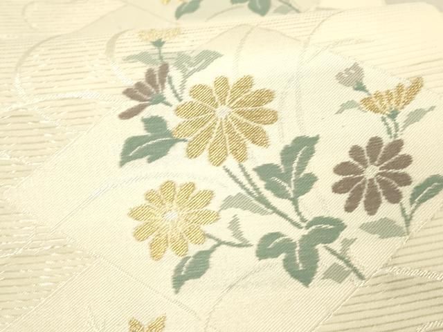 D 夏物 流れに菊花模様 金糸 白 六通 正絹 薄物 絽 紗 フォーマルな袋帯 夏物 流水に花模様 金糸 白/クリーム 正絹 絽 紗 六通 袋帯