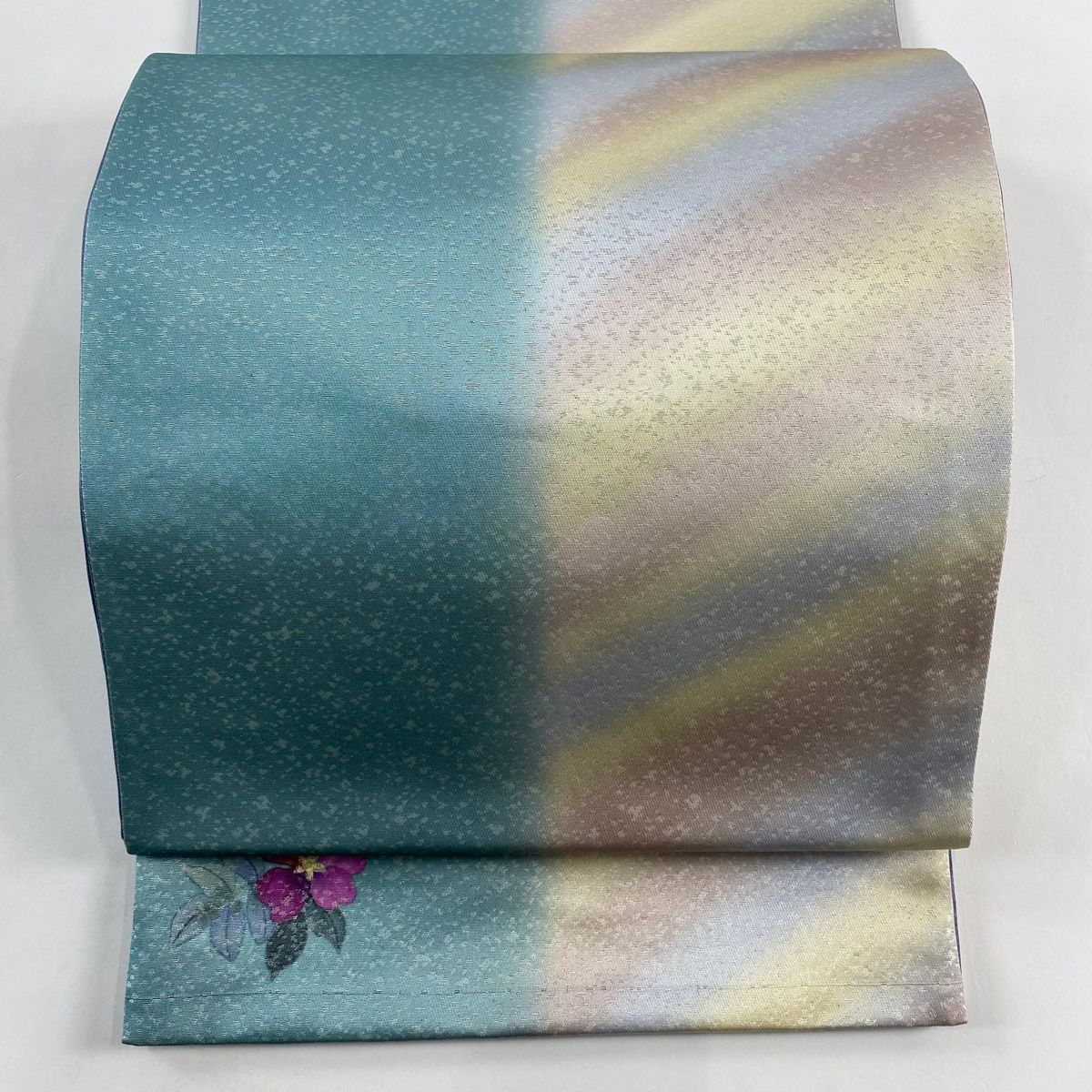 袋帯 秀品 二代目清次郎 落款 草花 幾何学 斜めぼかし 箔 青緑 六通 正絹