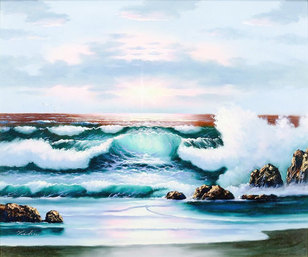 【真作】絵画　油彩6号　大海原を駆ける帆船　青空と波の詩　自由への航海　U194 絵画 油絵 中島 達幸 大海原の帆船 真作 額付き F6 送料無料