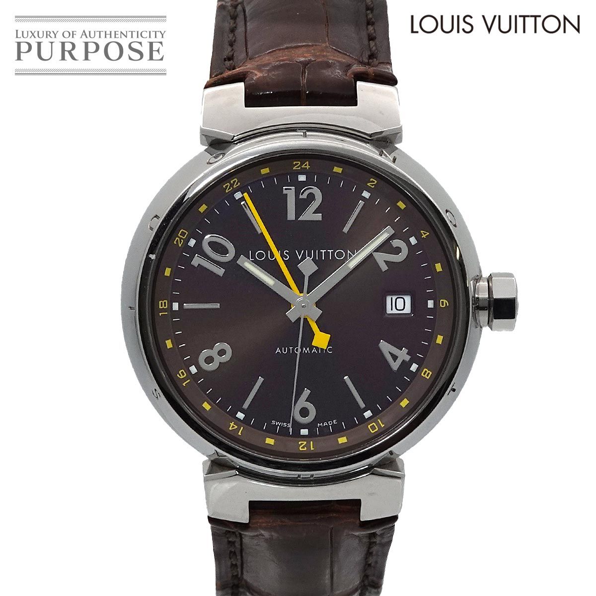 ルイ ヴィトン LOUIS VUITTON タンブールGMT Q1131 メンズ 腕時計 デイト ブラウン オートマ 自動巻き TambourGMT 90294904