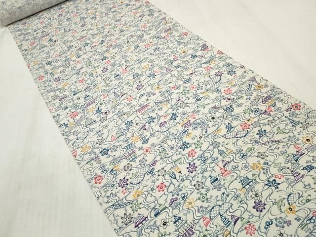 平和屋着物▽小紋 反物 着尺 型染 流水風景花文 逸品 未使用