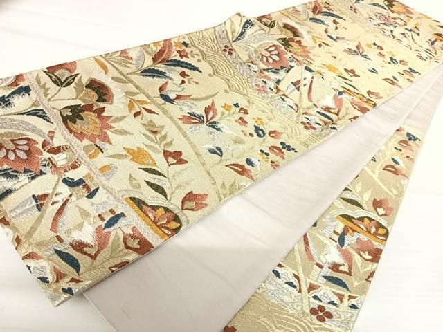 平和屋着物◎六通柄袋帯 動物花丸文 銀糸 正絹 逸品 BAAU8317hv 平和