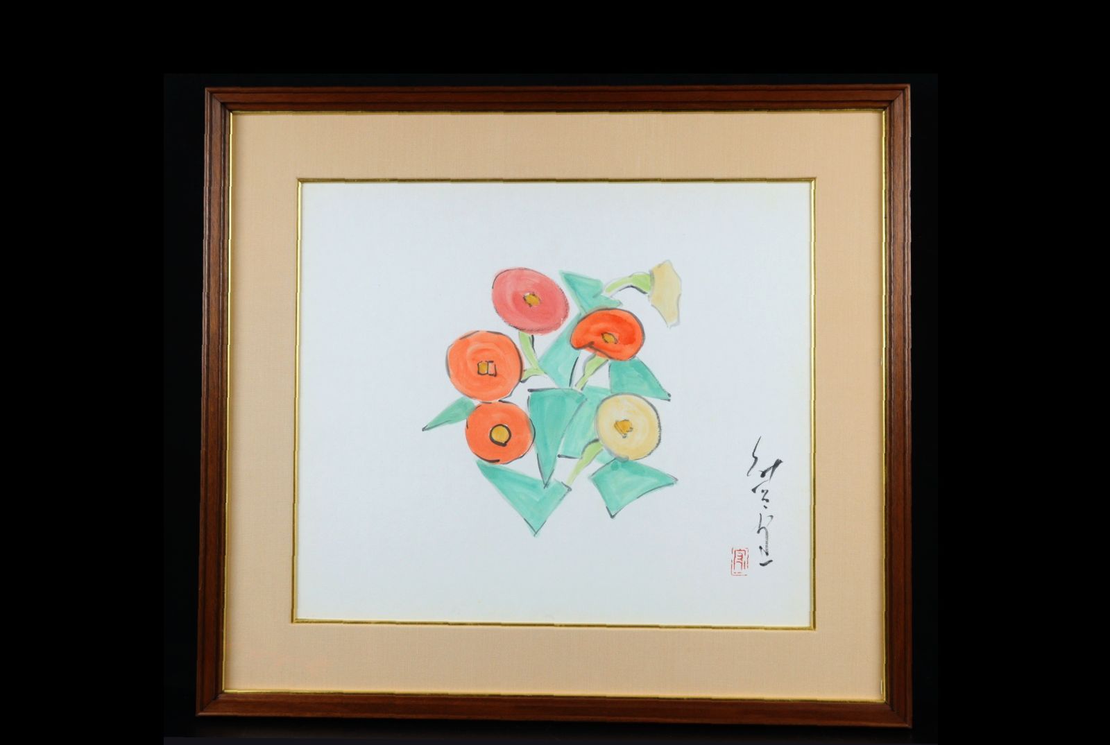 穐月明　「白椿」　すい墨彩画Ｐ６号　落款・共シール有り 穐月明 「白椿」 すい墨彩画P6号 落款・共シール有り 穐月明 「