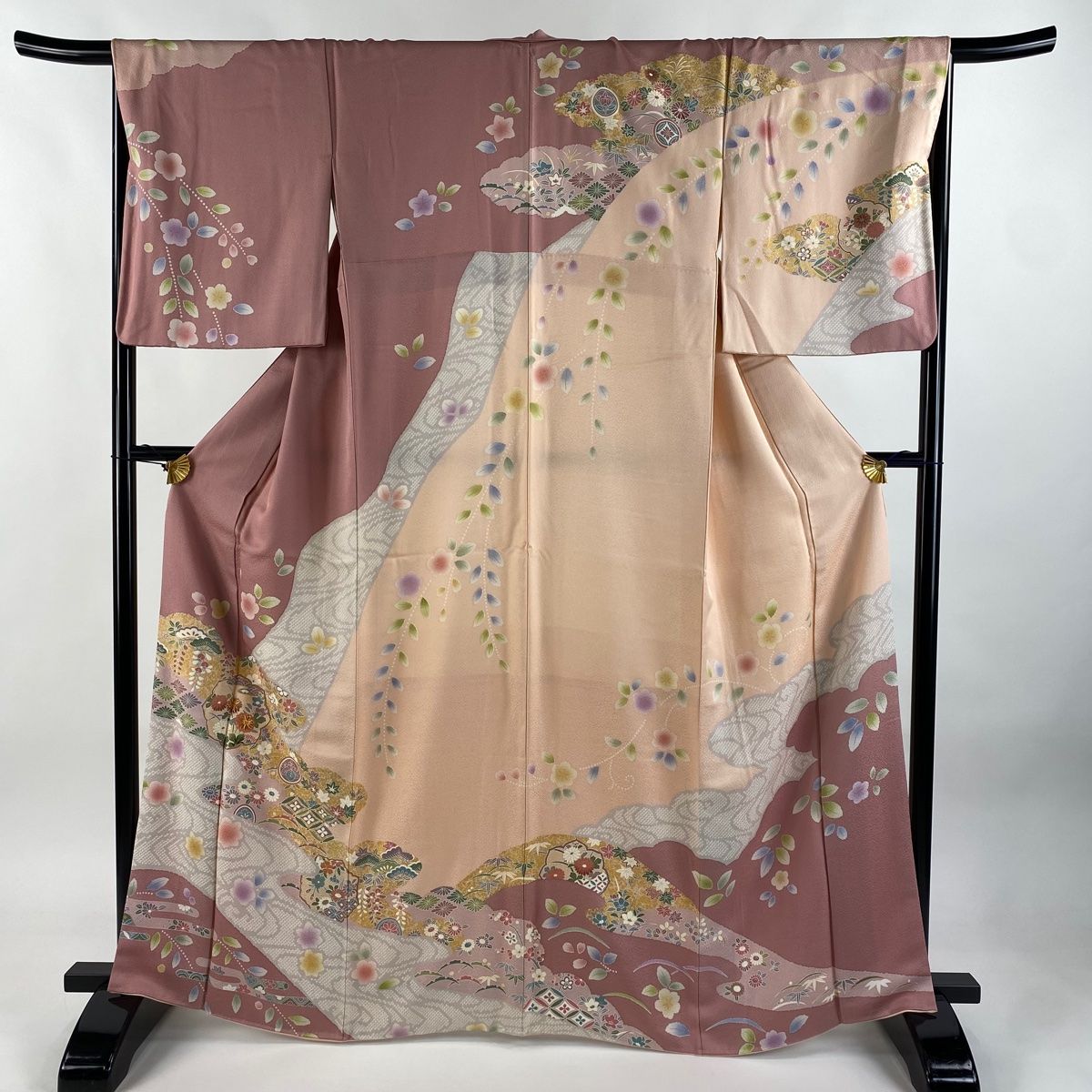訪問着 身丈166cm 裄丈67cm M 袷 桜 菊 金糸 金彩 ピンク 正絹