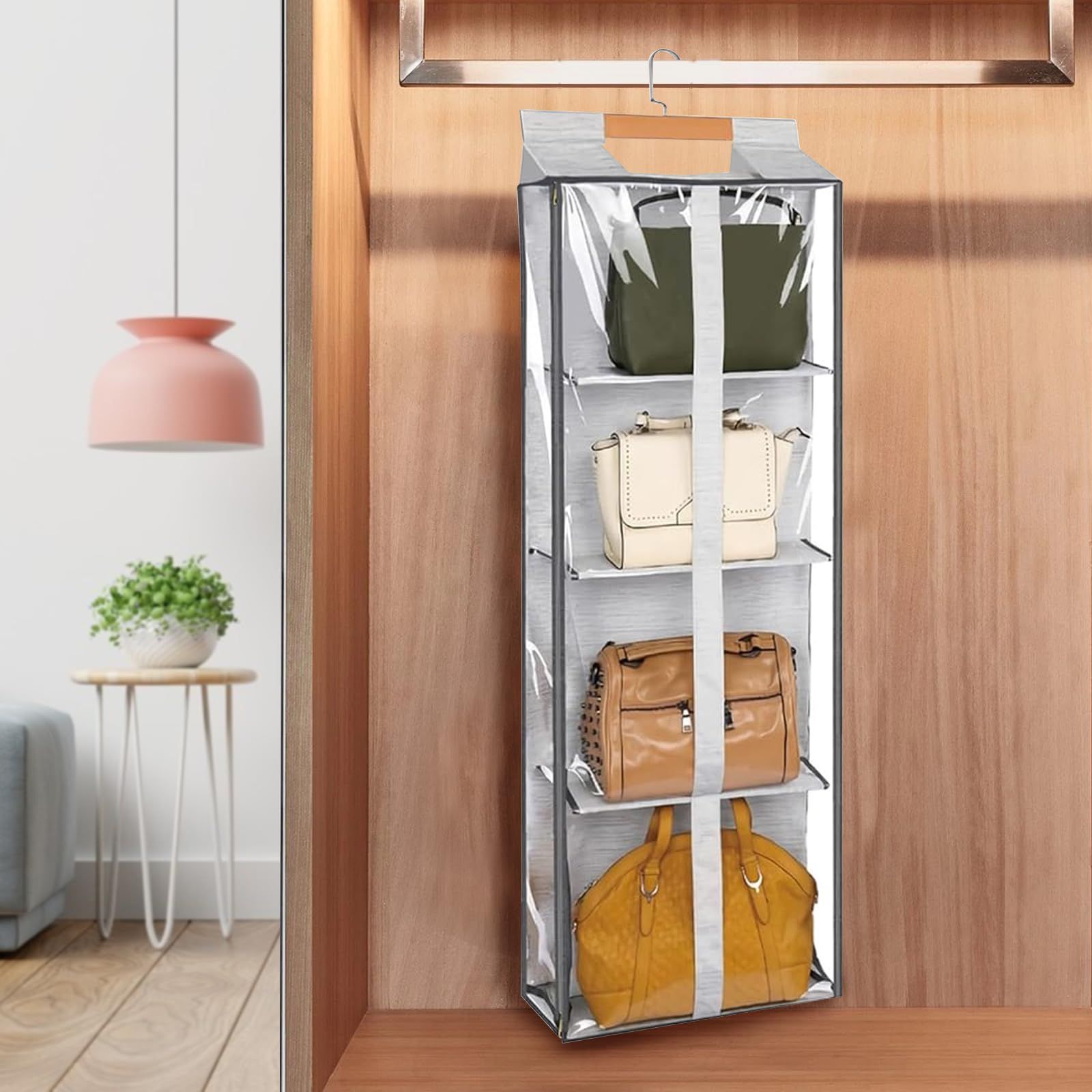 【新着商品】取り付け簡単 ジッパー付き 省スペース 水洗い可能 クローゼット クローゼット 防湿 壁掛け 防塵 クリア 玄関 折り畳み式 4段 収納ラック 浴室ハンドバッグ 収納 収納 ショルダ