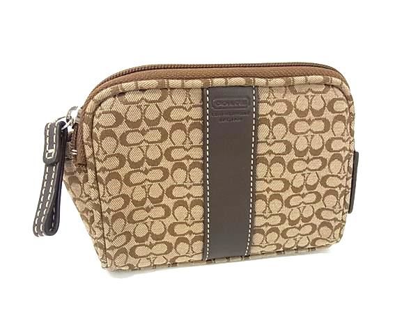 美品 COACH アクセサリーポーチ キャンバス レザー ブラウン シグネチャー 極美品✨COACH コーチ シグネチャー アクセサリーポーチ レザー