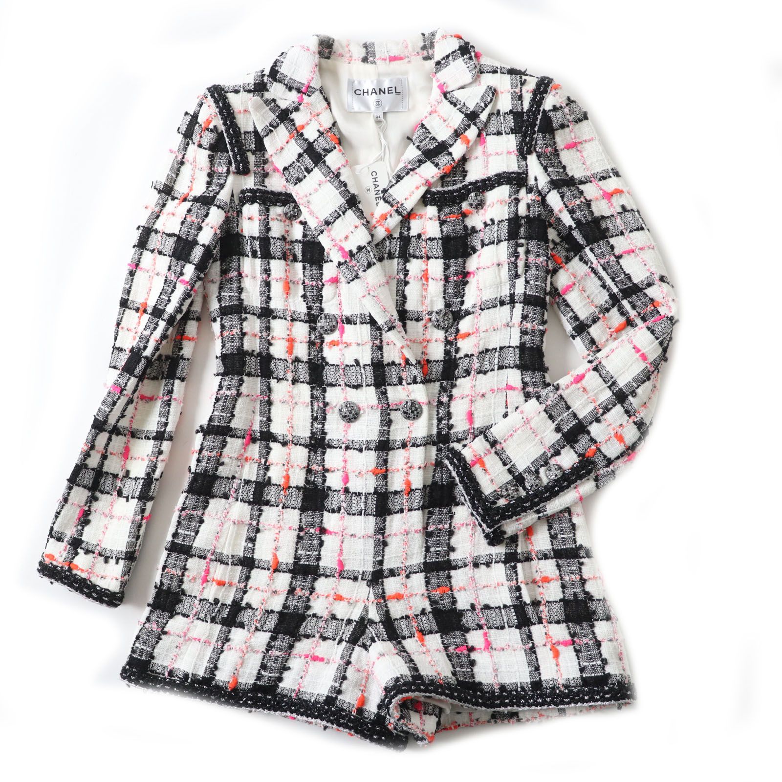 CHANEL シャネル 20S P64167 ホワイト ブラック ピンク オレンジ ジャケット風 ツイード ジャンプスーツ オールインワン 34 フランス製 レディース 定価652 080円
