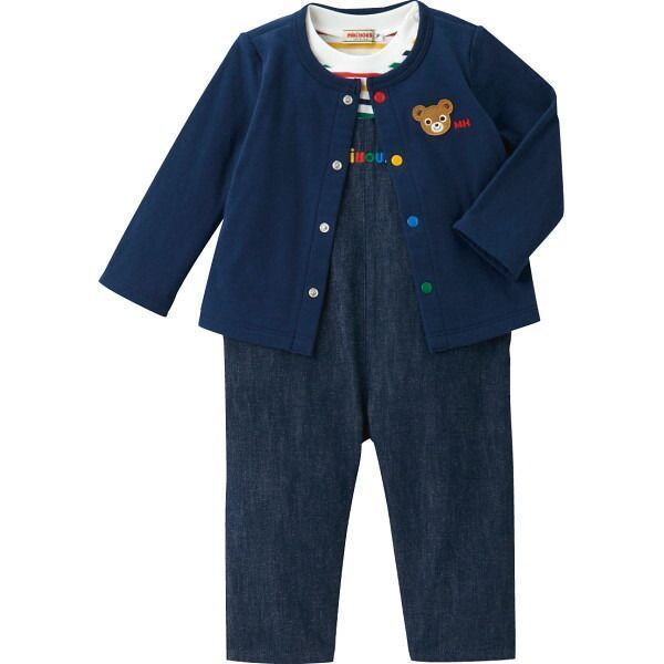 ミキハウス オーバーオールセット 14-3307-493 | 24-0300-025男の子 お祝い ギフト 3点セット カーディガン オーバーオール Tシャツ 肩紐 ボタン 二段階 調節可能 着まわし可能 バリエーション 着心