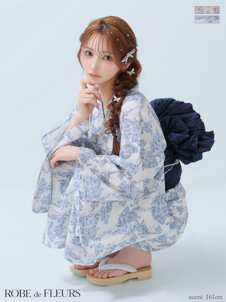 ブルーfm3375 浴衣 帯 帯紐セット ROBE de FLEURS|ローブドフルール Floral print yukata|トワルドジュイ柄| フラワープリント 浴衣 | FM3379| y|YMT FM3375-BL-F-2504