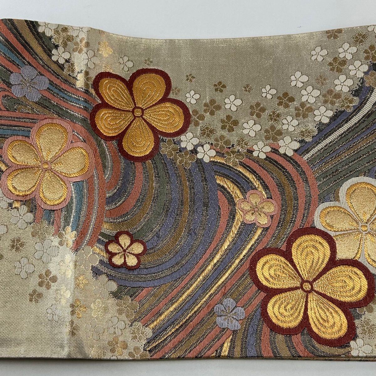 袋帯 美品 秀品 人物 御所車 箔 ベージュ 正絹 中古 袋帯六通 秀品 御所車 人物 箔 金彩 金色 お太鼓柄 正絹 中古 袋帯 美