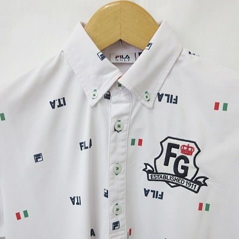 フィラ FILA GOLF ゴルフ ポロシャツ 半袖 ボタンダウン 総柄 イタリア国旗柄 ロゴ 刺しゅう 速乾 白 赤 紺 緑 ホワイト レッド  ネイビー グリーン M