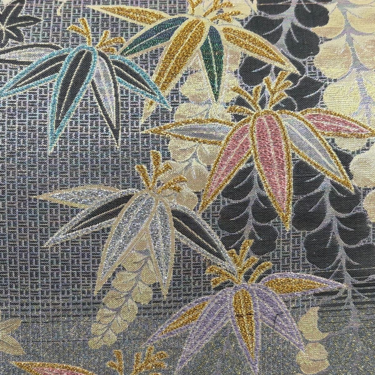 袋帯 秀品 振袖向き 笹 藤 ラメ箔 灰紫 六通 正絹