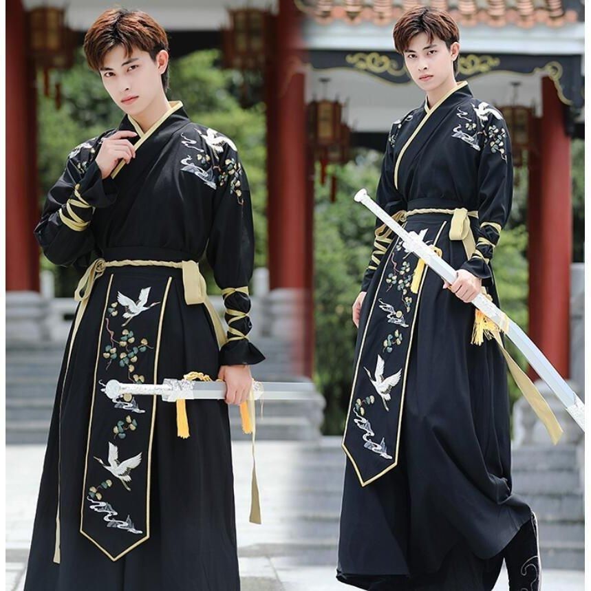 男性用漢服 中華コスプレ衣装 メンズ チャイナ服 中華服 チャイナドレス 長袖 上下2点セット 鶴 刺しゅう おしゃれ 中国古代コスチューム