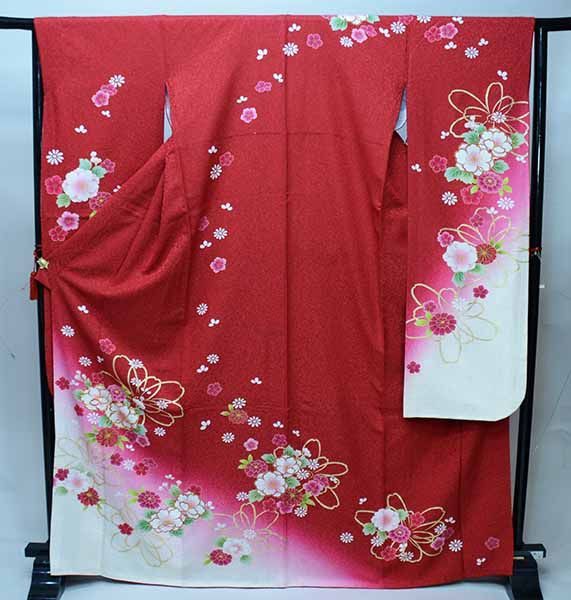 振袖 正絹 着物 単品 仕立て上がり 百花繚乱 ラメ 濃赤色 成人式 結納
