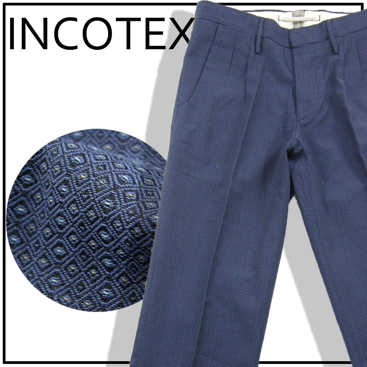 【新品】 INCOTEX / インコテックスツータック パンツ ルーマニア製 トラウザーズ スラックス 青紺系 柄 春夏