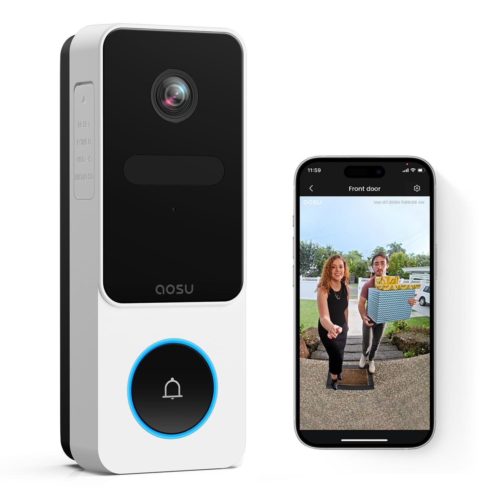 在庫 aosu インターホン ワイヤレス 全身が見える パッケージ自動検出 充電式 工事不要 2.4G必要wifi式 2K画素 16 9頭からつま先まで表示 家族共有 動画再生 全身ショット ビデオドアベル ip66防塵防水 人体検知自動アラーム アプ