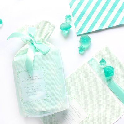  moin ラッピング 袋 リボン マチ付き かわいい プレゼント用 Thank you シール セット 縦23 5 cm 横14 8 マチ6 水色 ミント ストライプ 柄 ギフト袋 ラッピング 包装