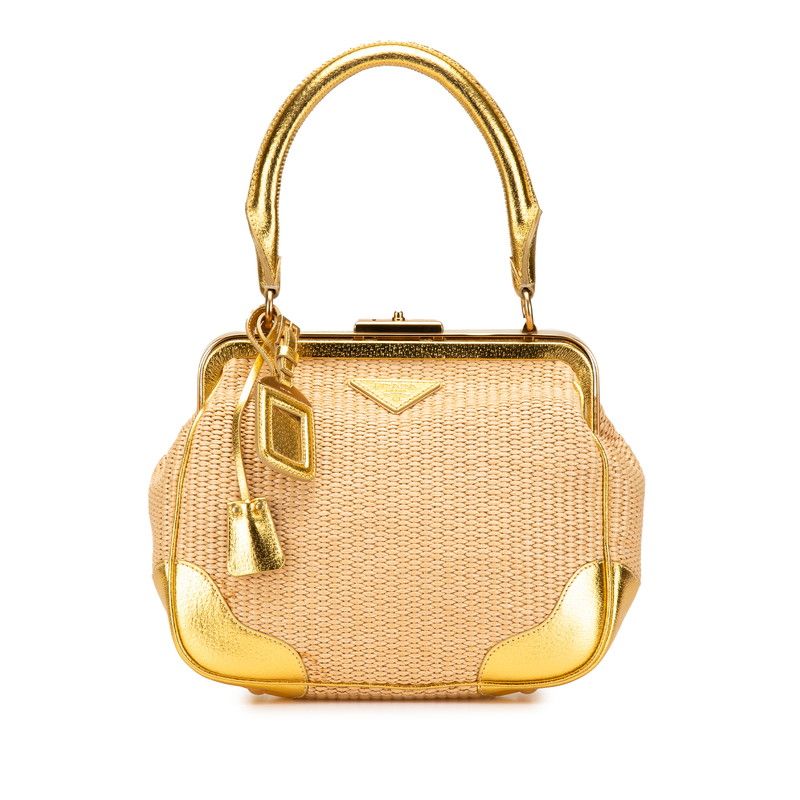 プラダ 三角ロゴプレート ベージュ ゴールド ストロー レザー レディース PRADA 1-0203876