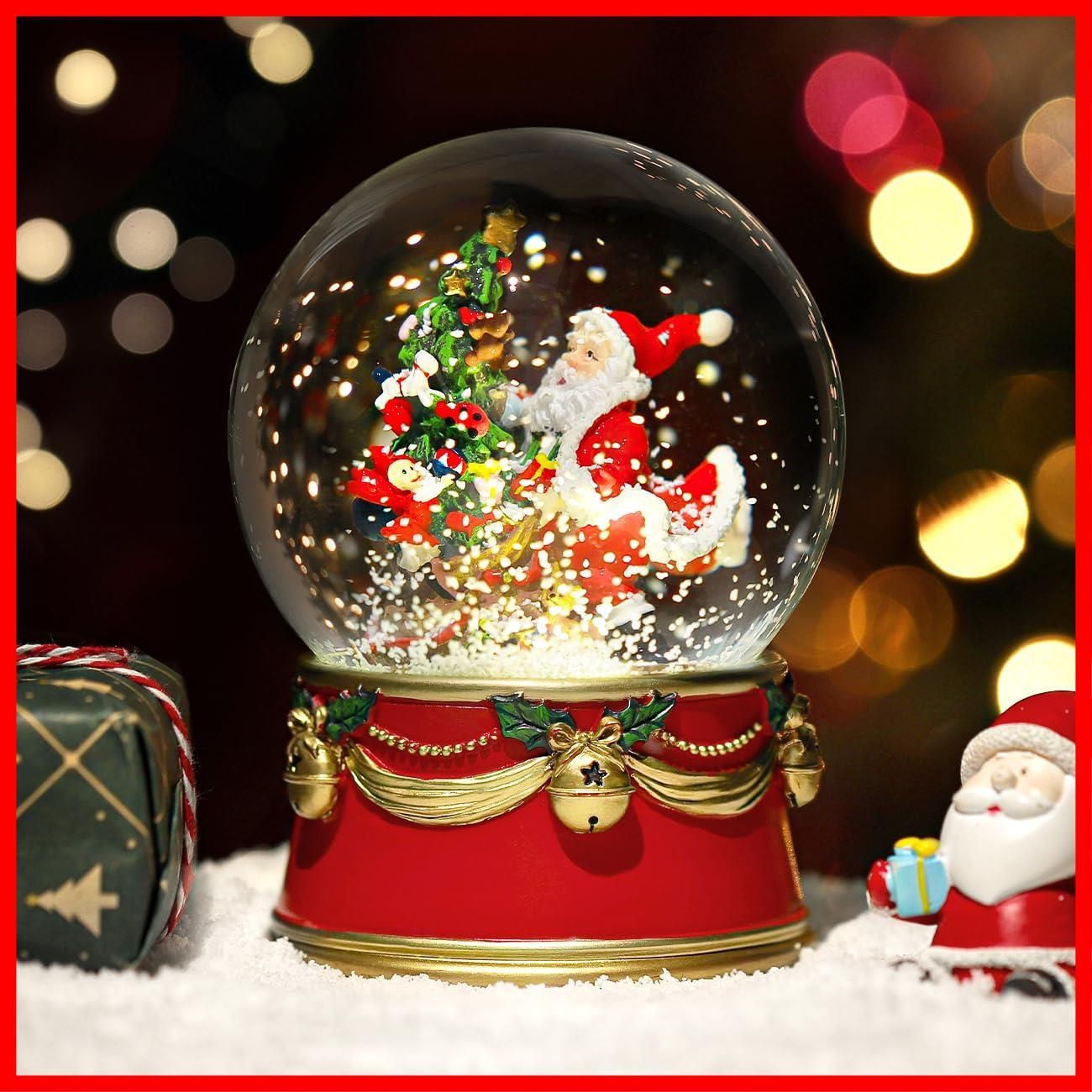 【在庫限定】置き物 インテリア 部屋装飾 クリスマスオブジェ クリスマスプレゼント LEDライト内蔵 サンタさんとクリスマスツリー サンタさんがクリスマスツリーを梱包中 スノードーム ス