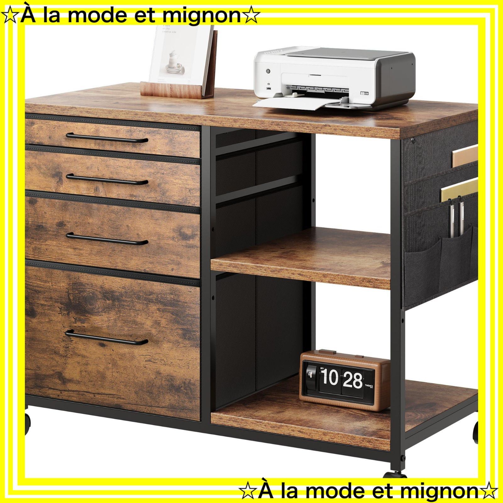ビンテージ 幅750 奥行400 高さ650mm デスク下収納 キャスター付き 大容量 プリンター台 A4対応 オフィスワゴン 4段 サイドワゴン 層板付き 袖机 布製 デスクワゴン サイドキャビネット YeTom