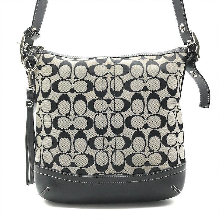 美品 COACH コーチ シグネチャー キャンバス レザー フリンジ  