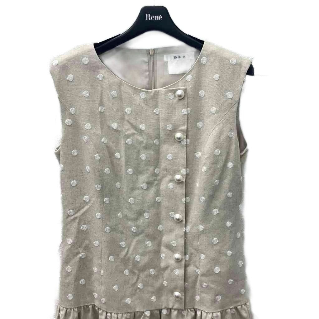 【中古】ルネ ワンピース ノースリーブ ミモレ ロング ドット柄 ビジュー フェイクパール 麻 リネン混 34 S ルネ Rene 美品 ワンピース ノースリーブ ミモレ ロング ドット柄