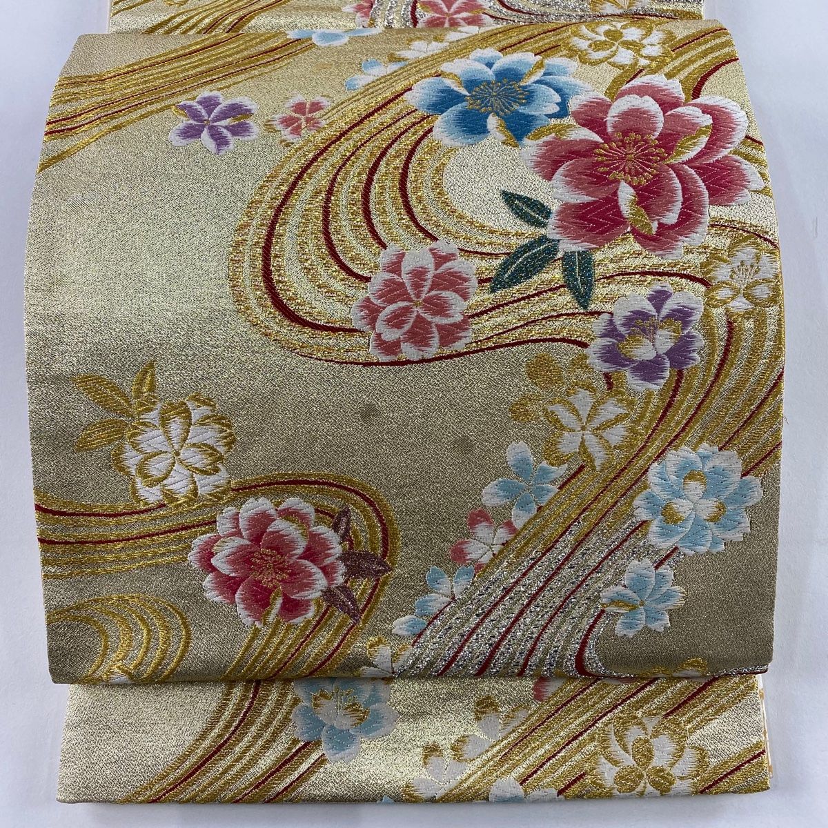 袋帯 秀品 ほていや 桜 流水 金糸 唐織 金色 六通 正絹